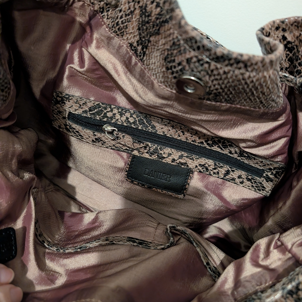 Danier Snake-Print Leather Jacket in Taupe and Black